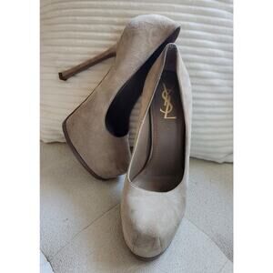 Yves Saint Laurent Tribute Tribtoo Beige Suede Platform Pumps Size 38.5